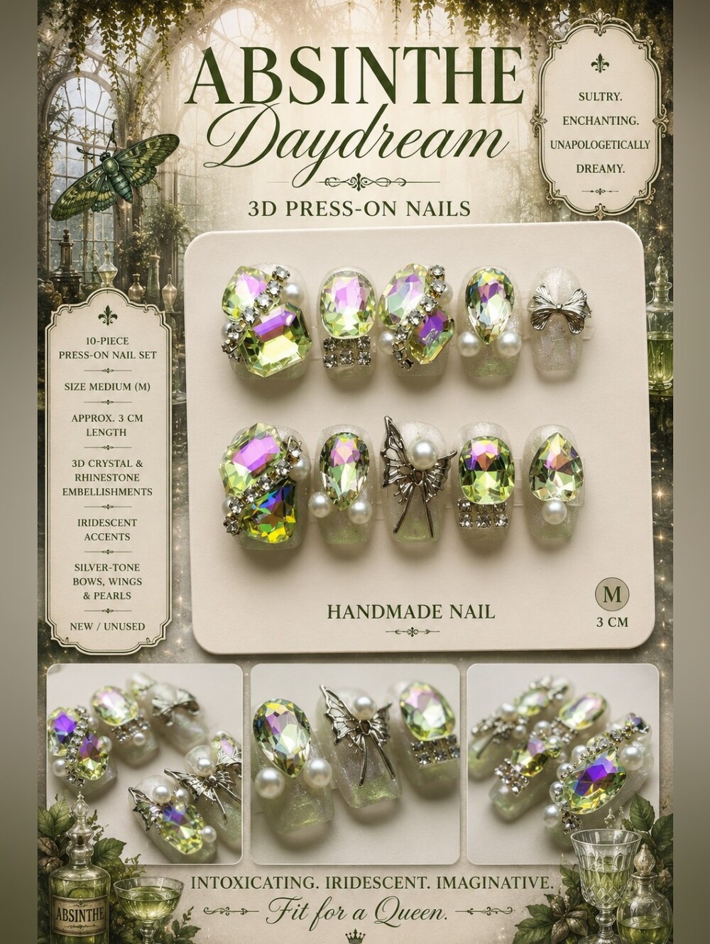🧚 Absinthe Daydream | Iridescent Crystal Press-On Nails